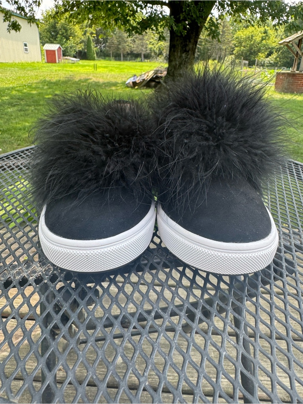 Steve Madden Black Faux Fur Pom Platform Slip-On Sneakers